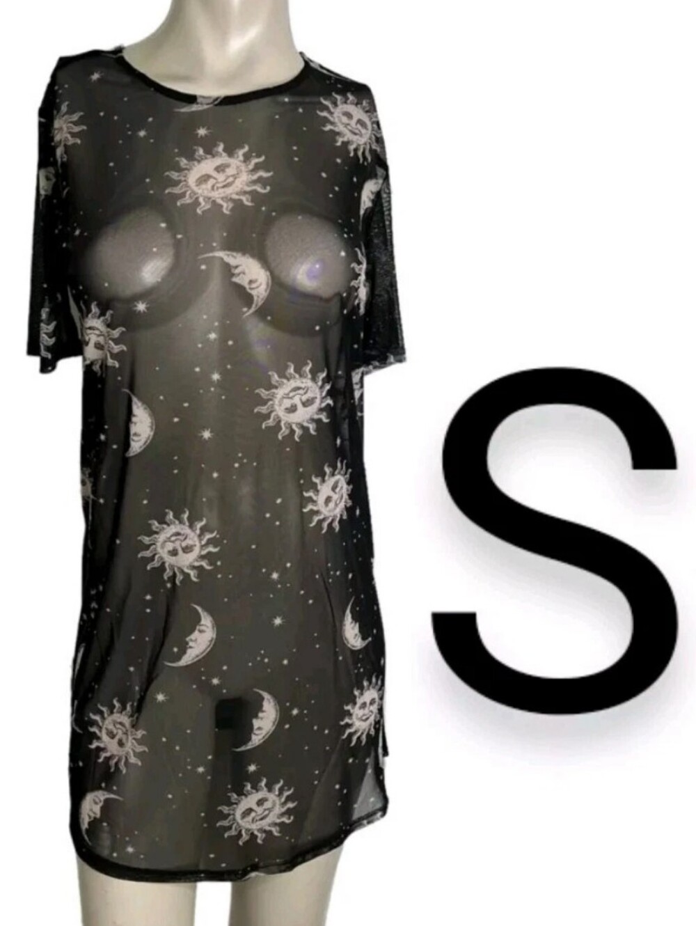 🆕Black Sun & Moon Print Design Mesh Over Sized Short Sleeve Mini Dress~Size S